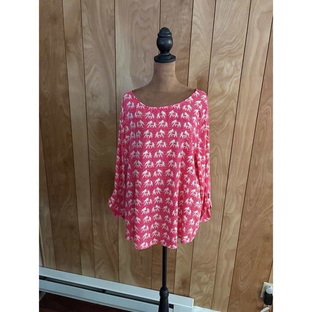 41 Hawthorn Pink White Elephant Print Long Sleeve Blouse XL Scoop Neck
